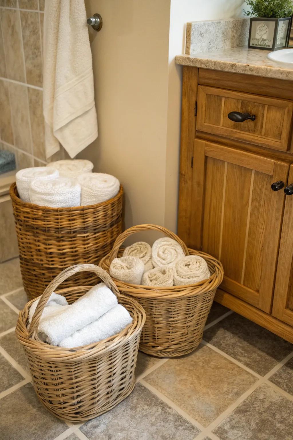 Wicker bins impart a quaint, countryside sensation to your towel arrangements.