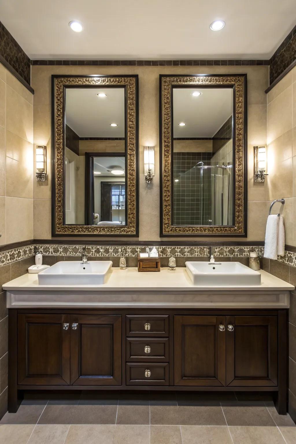 Twin mirrors create symmetry and individual space in a double vanity arrangement.
