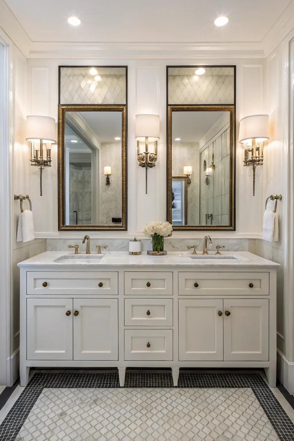 Proportionate wall lights fashion a unified and graceful visual.