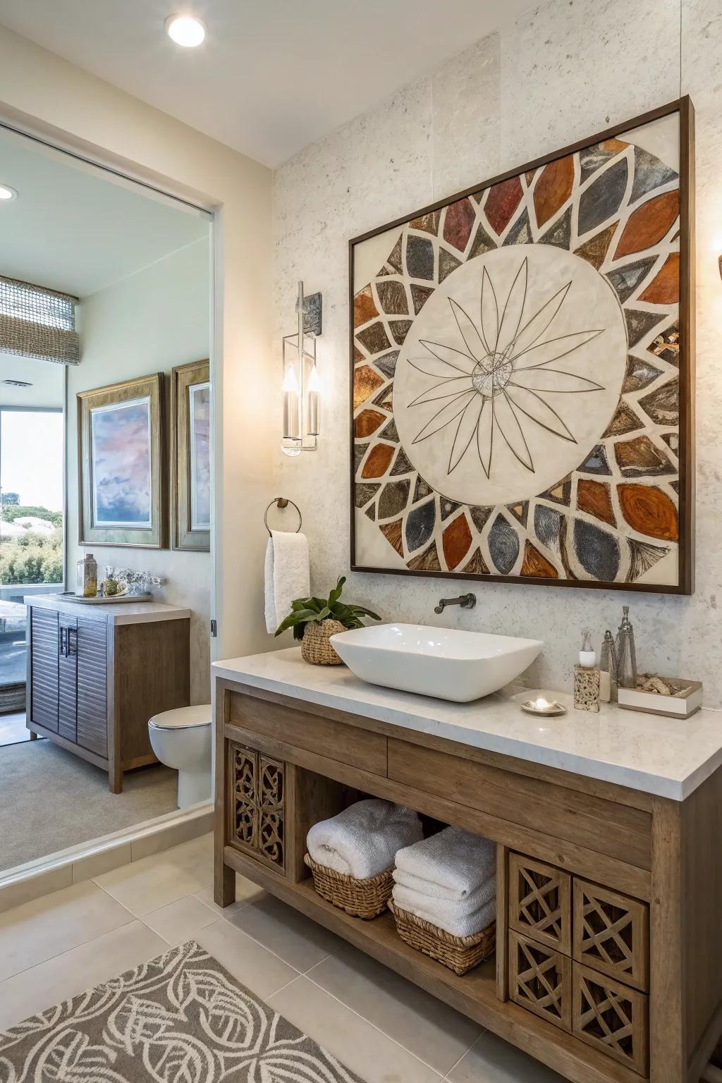 Impart personality through eye-catching wall art and classy looking-glasses.