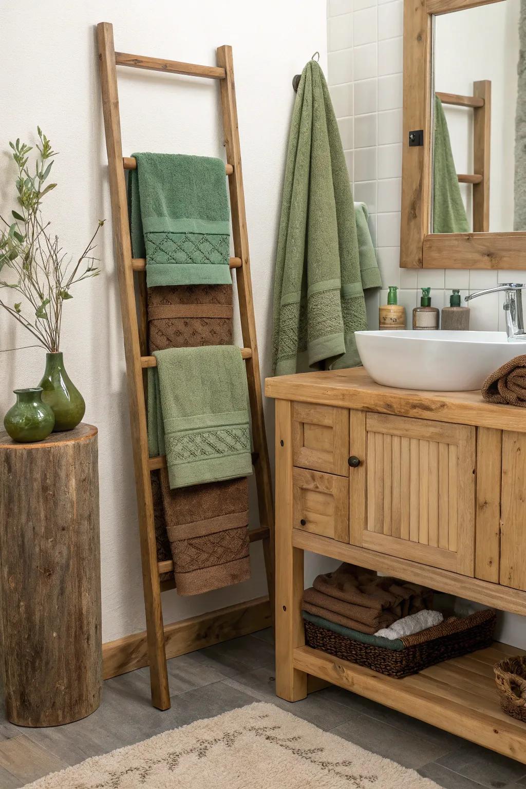 Verdant and umber textiles impart a warm, earthy sensation to your bathroom.