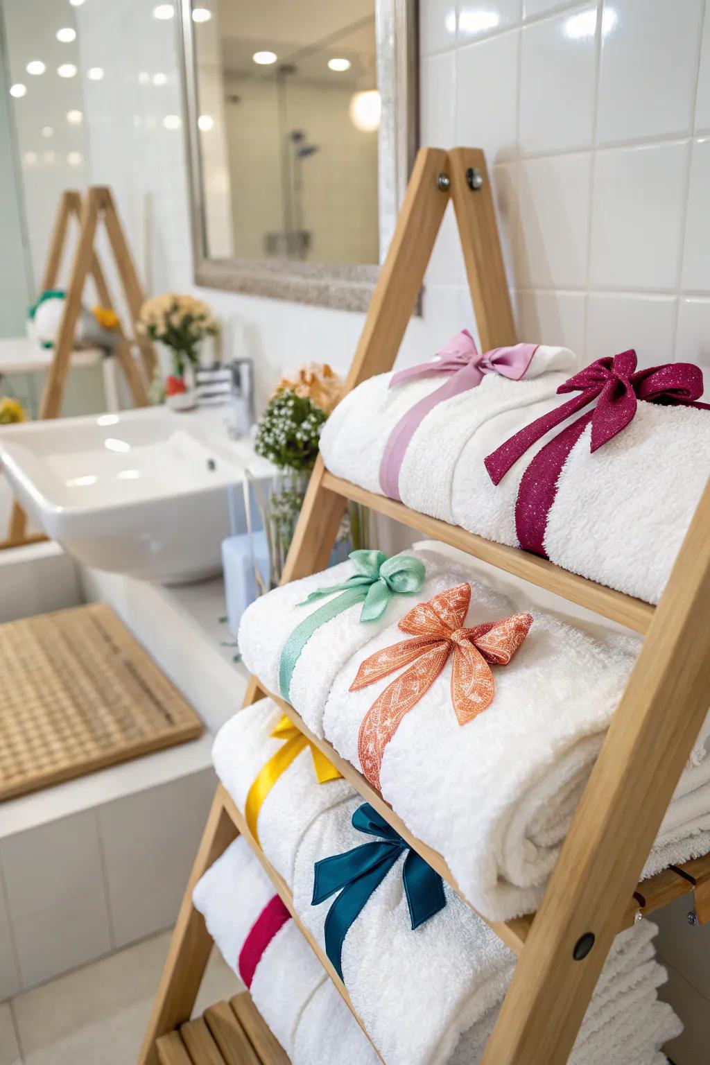 Use vibrant ribbons and bows to give your towels some personality.