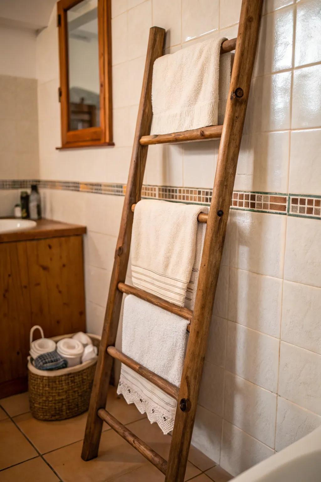Ladder racks provide a countryside yet stylish means to keep towels.