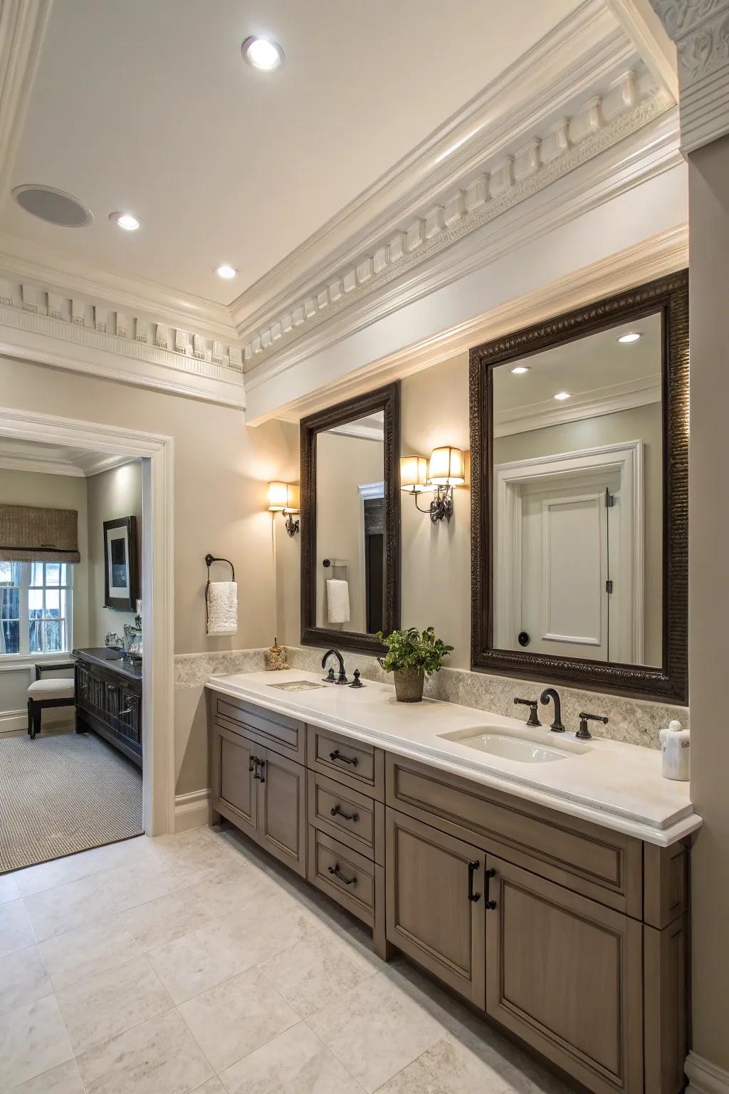 Ceiling trim offers a refined finish, elevating the bathroom's ambiance.