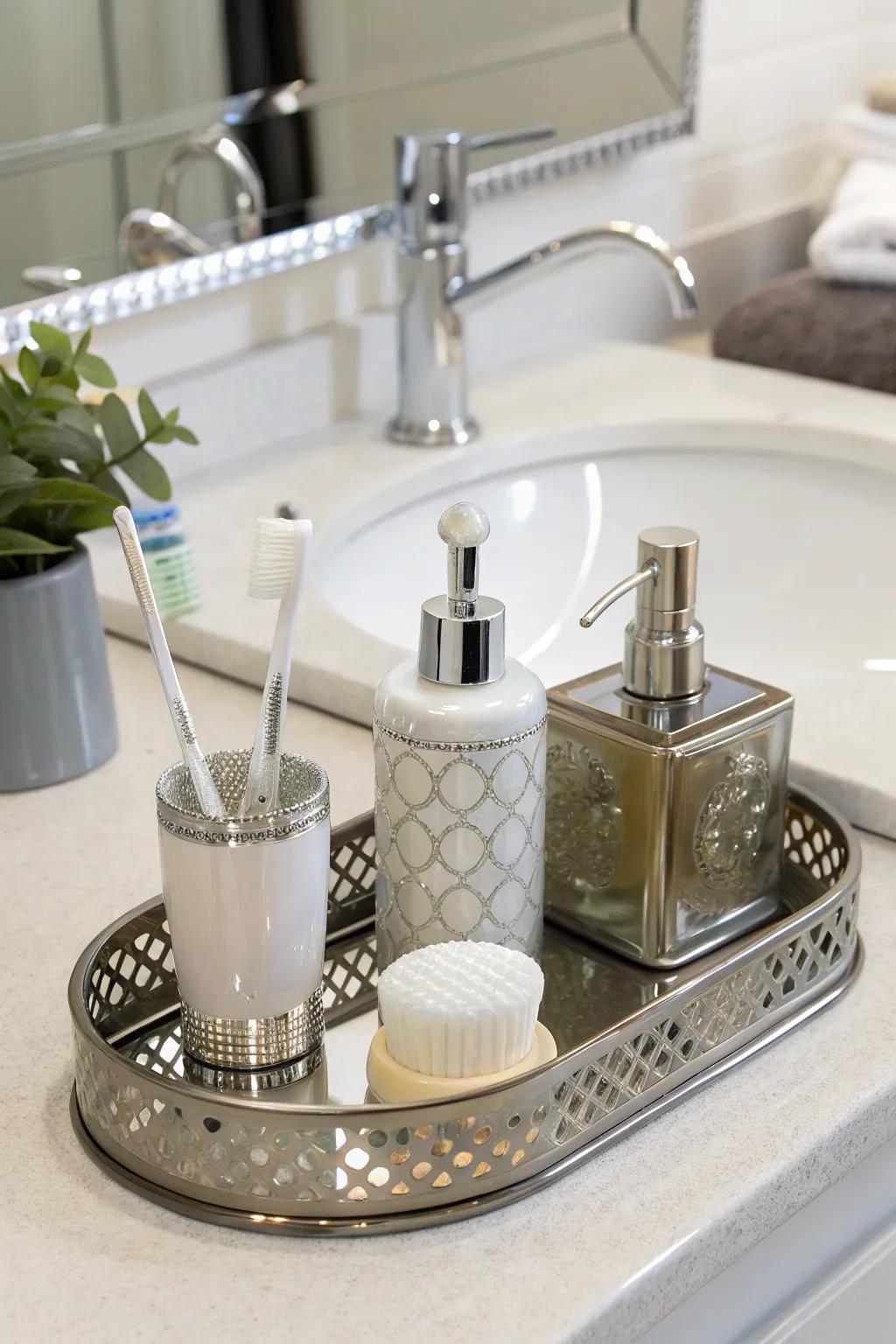Bathroom decor gets a fancy touch from a glimmering platter.