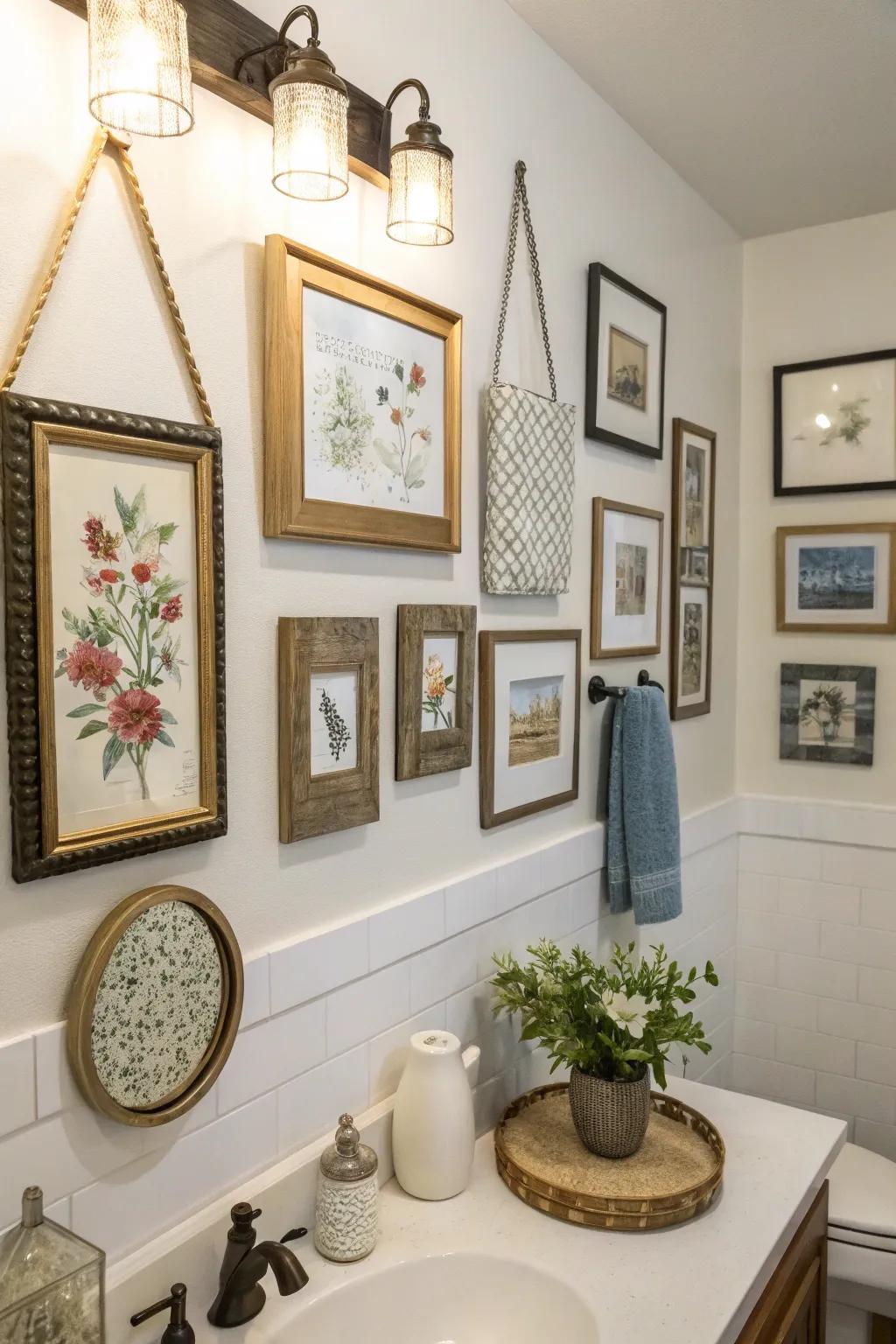 Art pieces change washroom walls into a personal gallery.