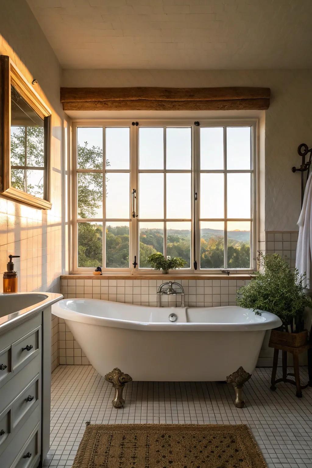 Sunlight envelops this bathroom, spotlighting the graceful bathtub.