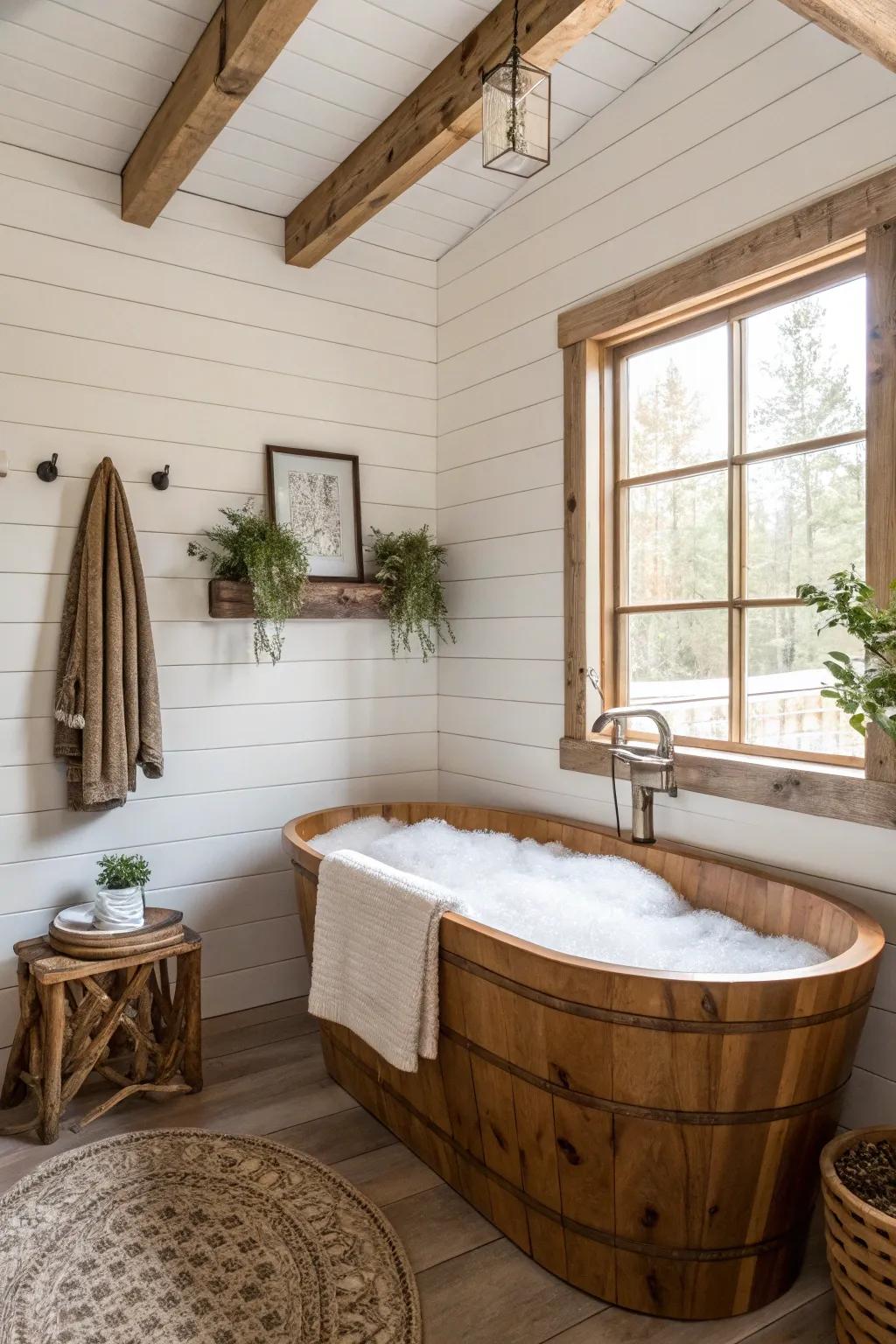 Weathered panels bring rustic charm and coziness to your bathroom.