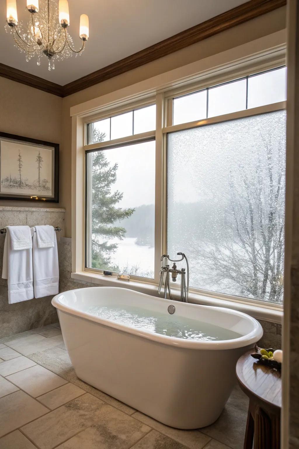 A bathtub coupled with obscured glass ensures privacy while enhancing the flow of light.