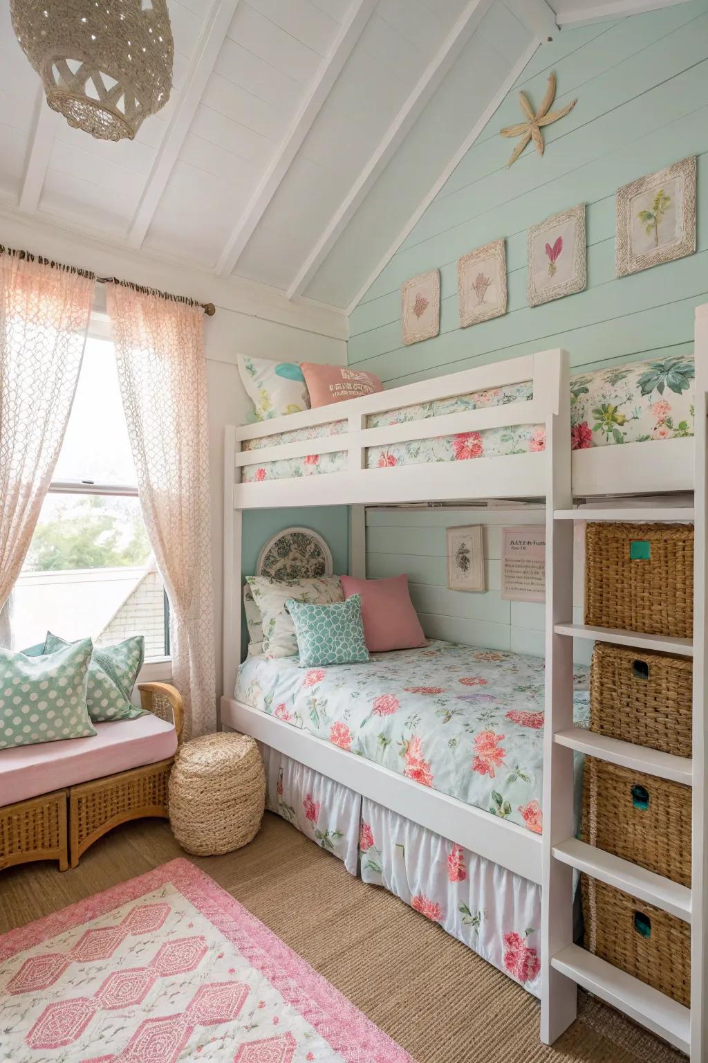 Embrace the charm of a seaside cottage featuring inviting bunk beds.