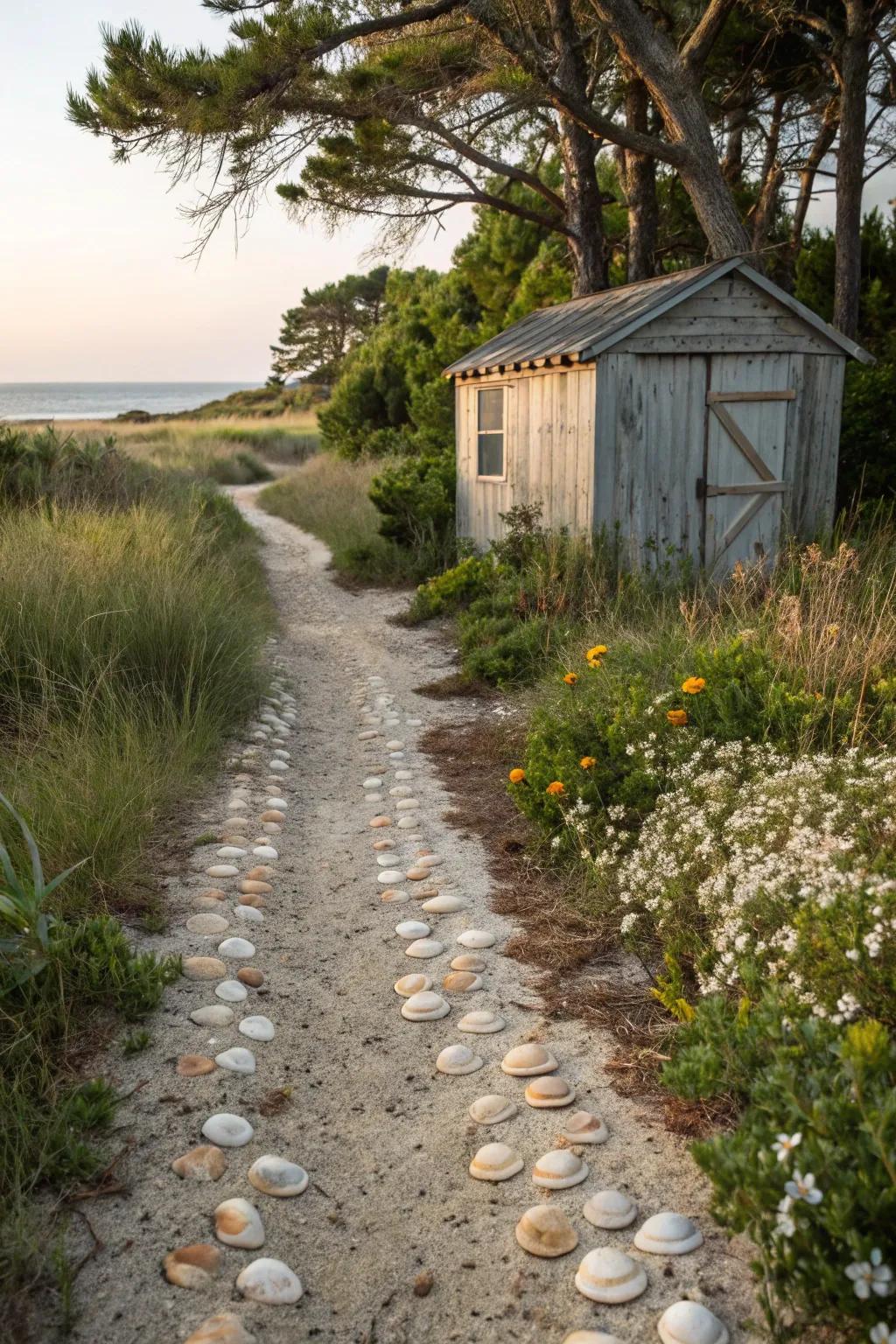 A captivating seashell path leads to a welcoming beach shed.