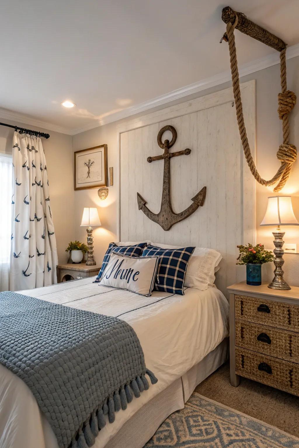 Maritime decor introduces a playful accent to your beach-themed bedroom.
