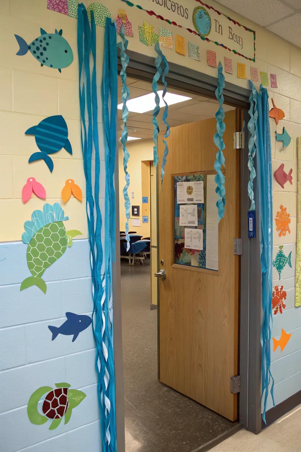 An under-the-sea adventure portrayed on a classroom entrance with vivid aquatic beings.