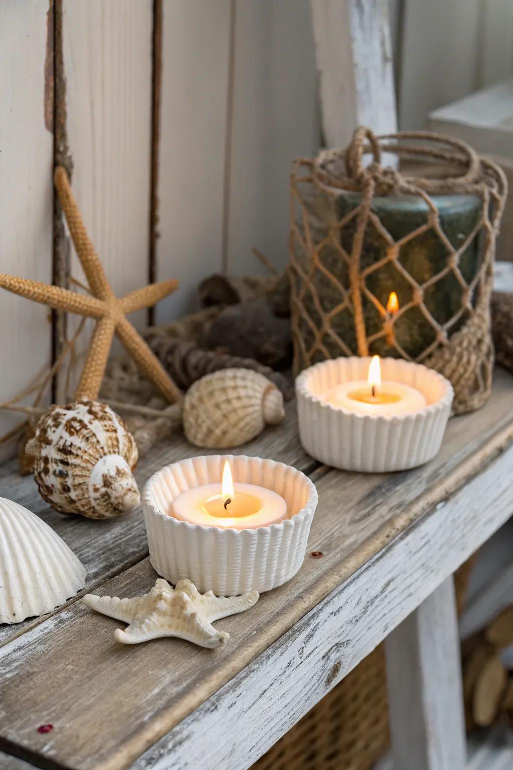 Create a warm, beachy environment with seashell candle stands.