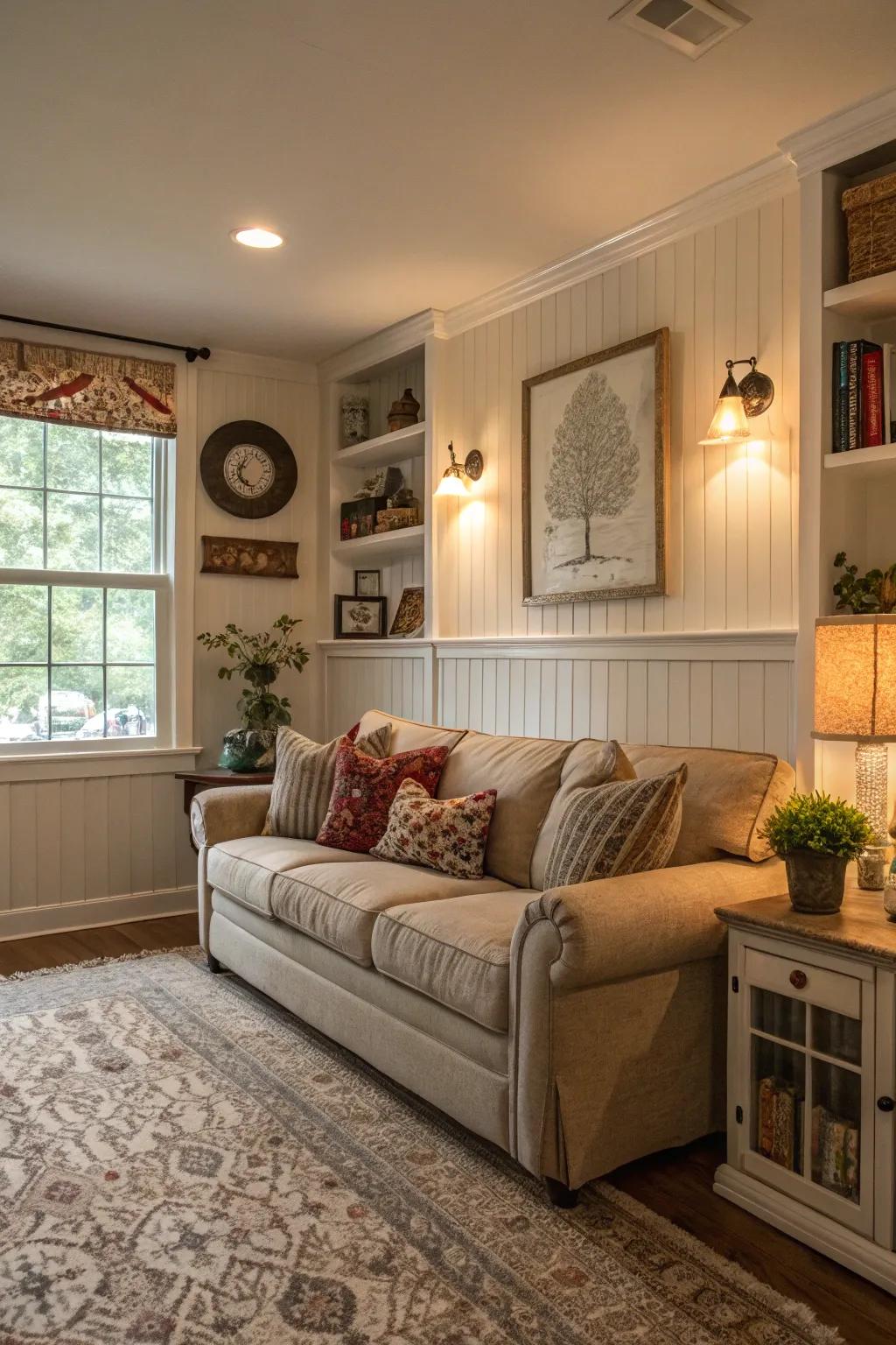 Half-paneled walls contribute a traditional touch to living areas.