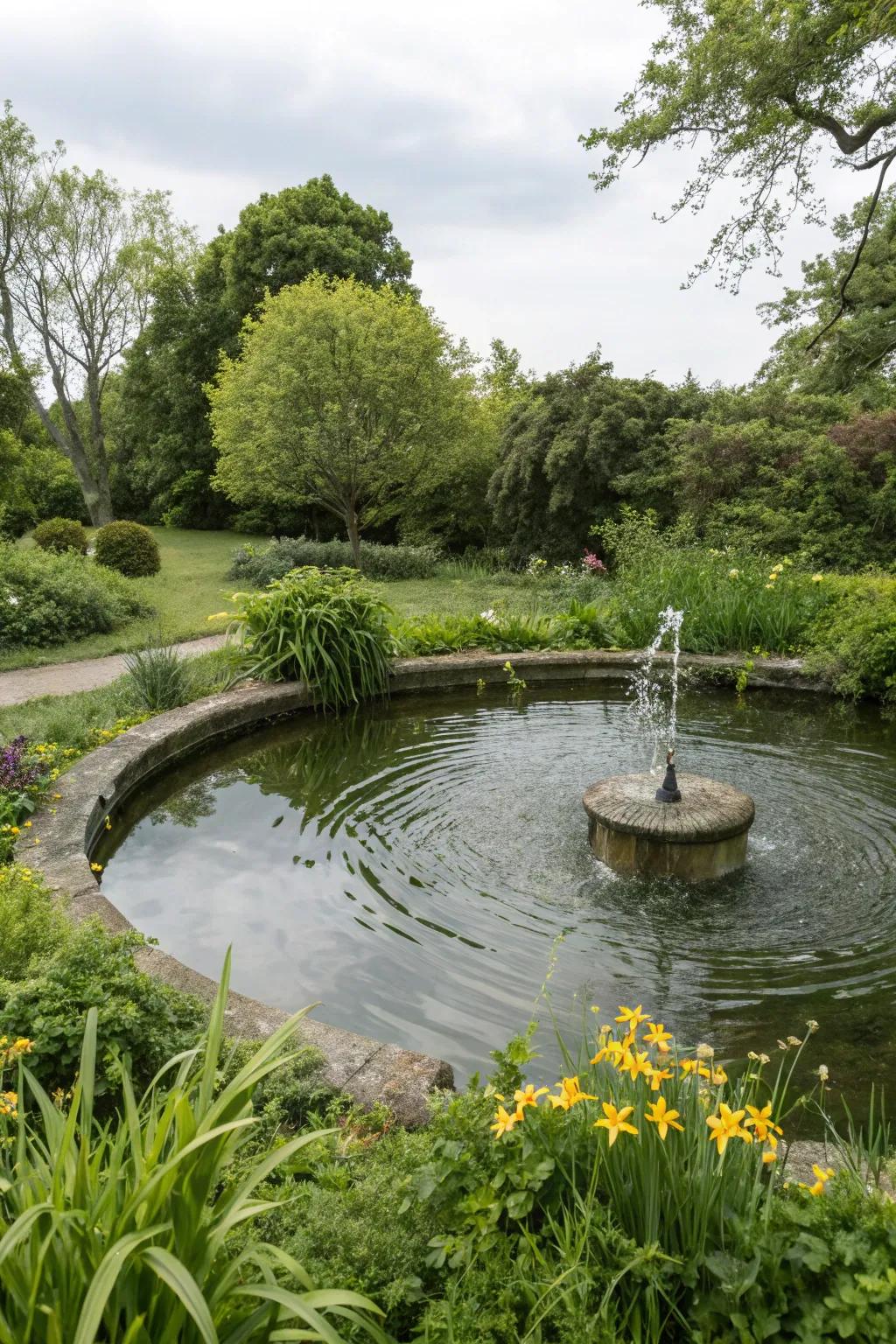 A gentle fountain enhances a tranquil garden pond, surrounded by spring's vibrant green life.
