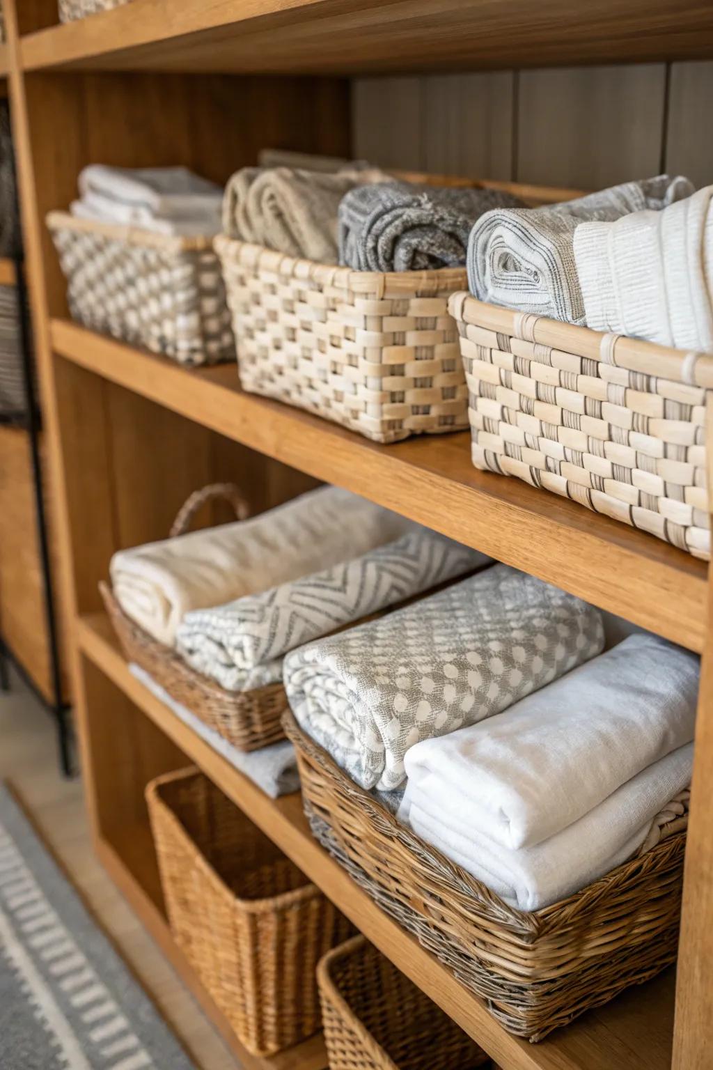 Baskets contribute style and organization to your linen storage.