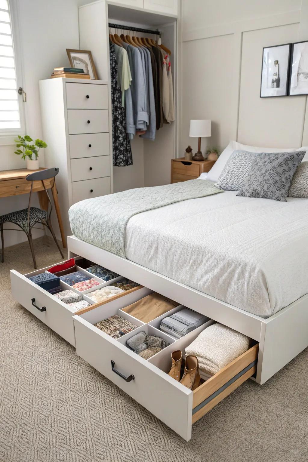 Below-bed storage drawers provide a neat and trendy solution.