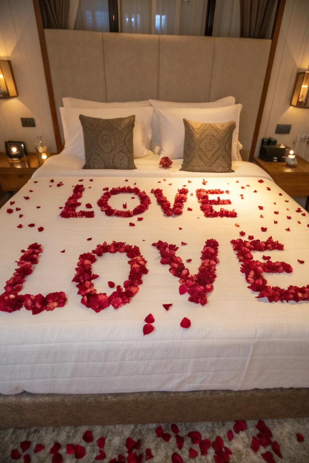 A heartfelt message crafted from rose petals for a unique surprise.