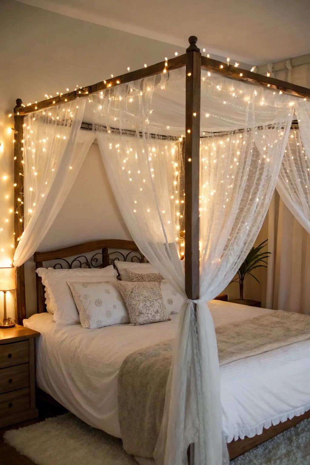 Craft a dreamy atmosphere using a canopy bed frame enhanced with lights.