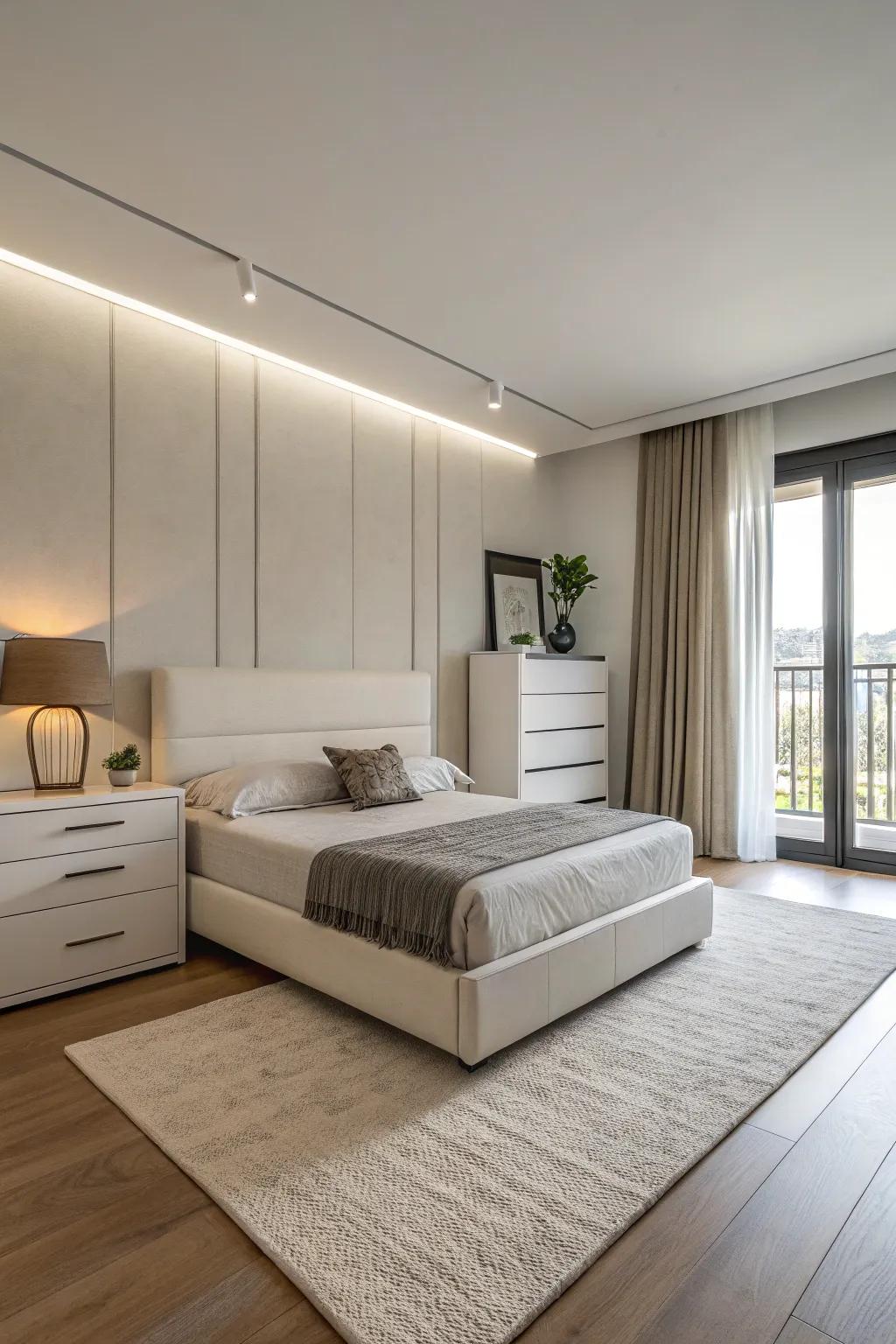 A bedroom highlighting modern, minimalist furnishings characterized by crisp edges.