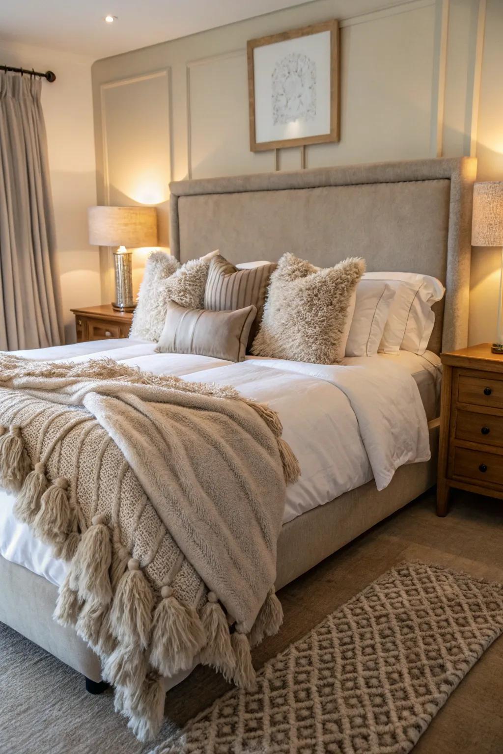 Abundant textures impart a warm and inviting atmosphere to this bedroom.