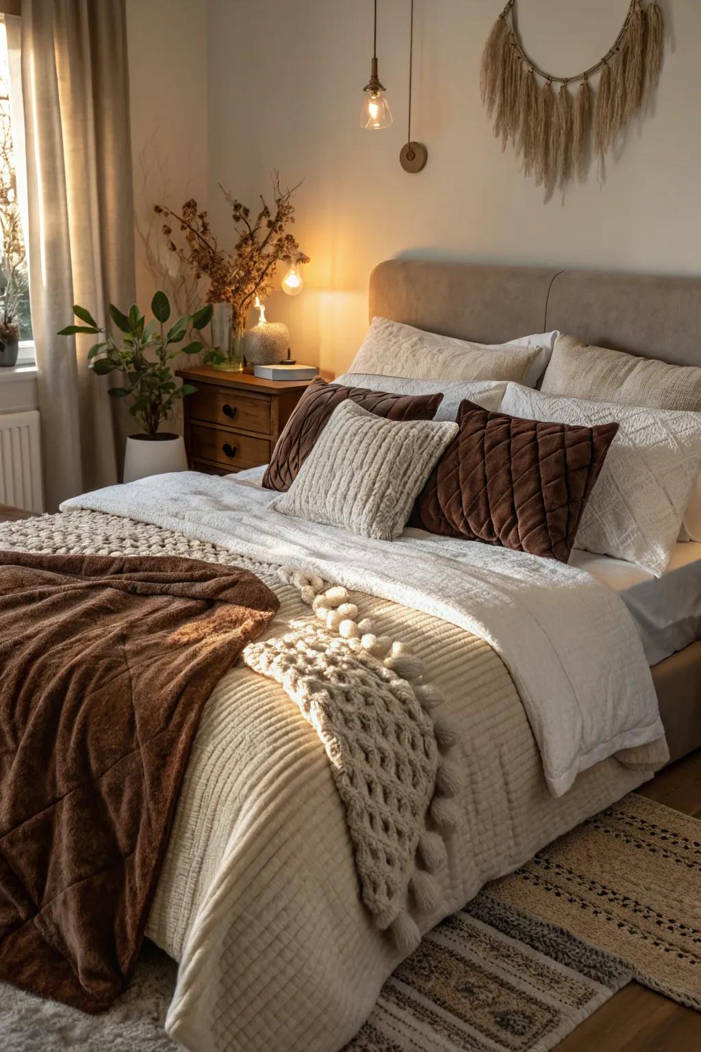 A bedroom radiating warmth through its abundant layers of texture.
