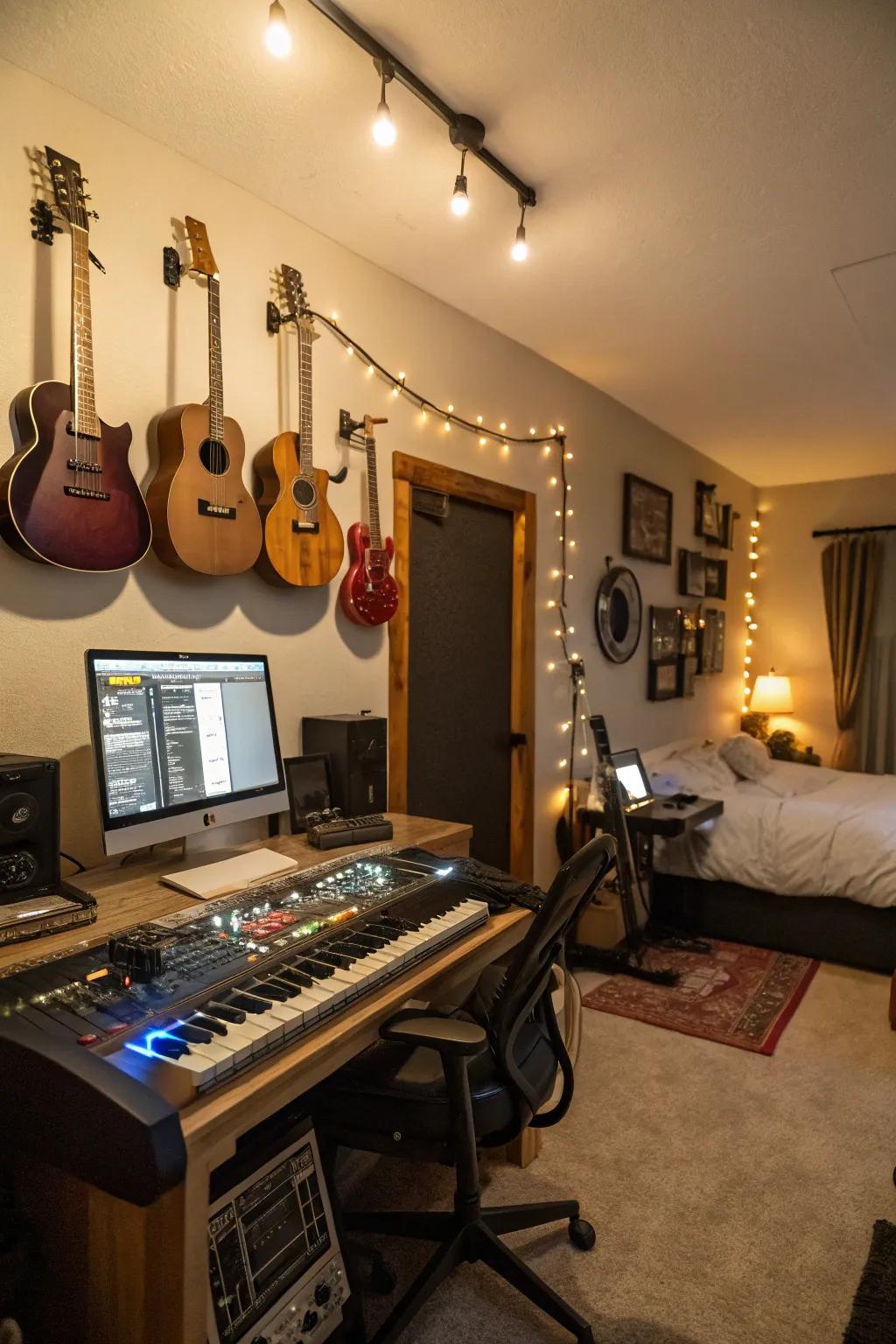 Wall-mounted instruments fashion a practical and aesthetically delightful music studio.
