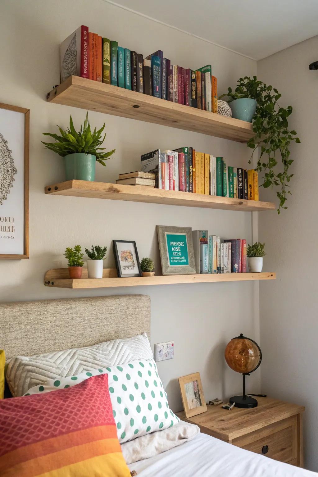Enhance your bedroom's appearance with practical floating shelves.