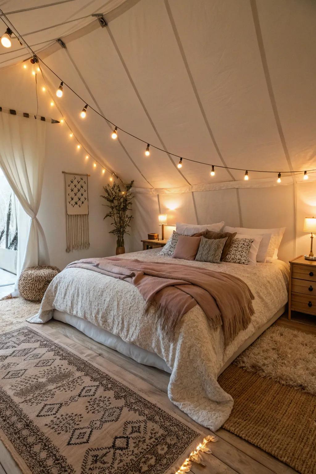 A snug bedroom featuring sumptuous bedding and gentle lighting.