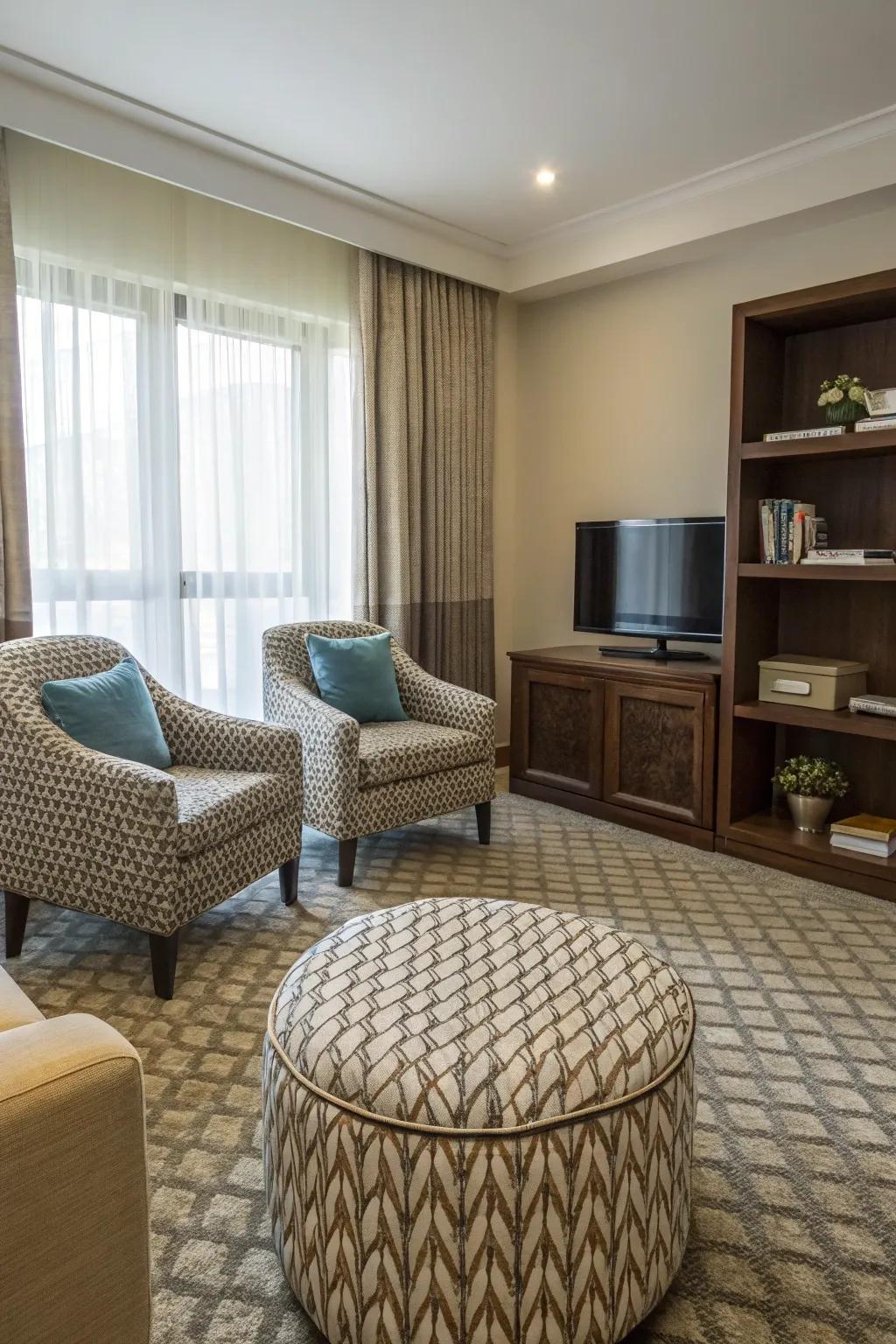 A versatile cushioned stool adds both elegance and utility to your bedroom TV space.