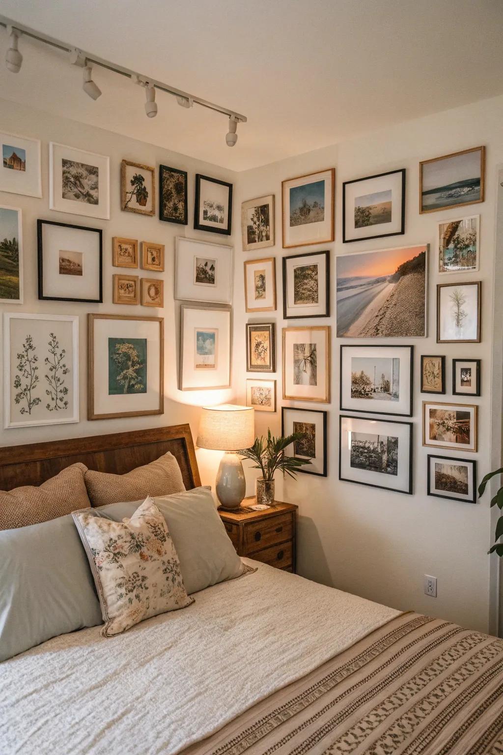 A personal showcase infuses individual charm and artistic expression into a bedroom.