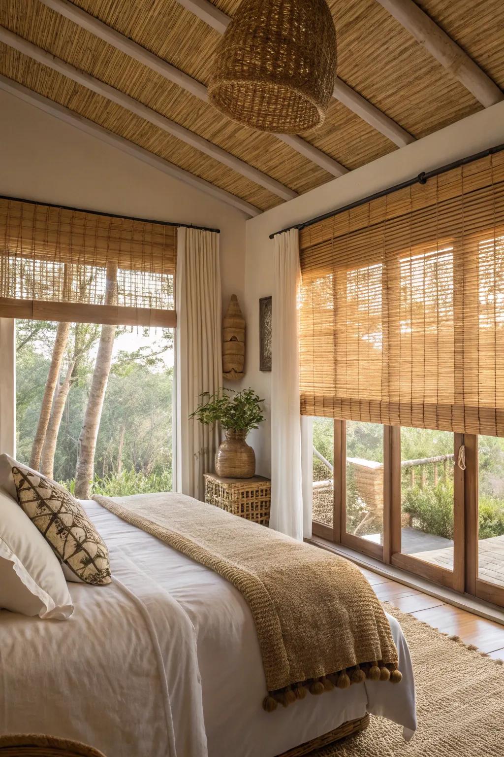 Cane screens usher a hint of the outdoors inside.