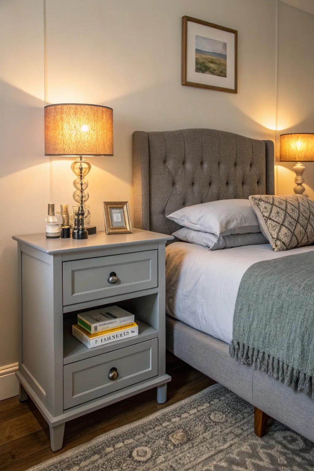 Grey bedside tables blending style and utility.