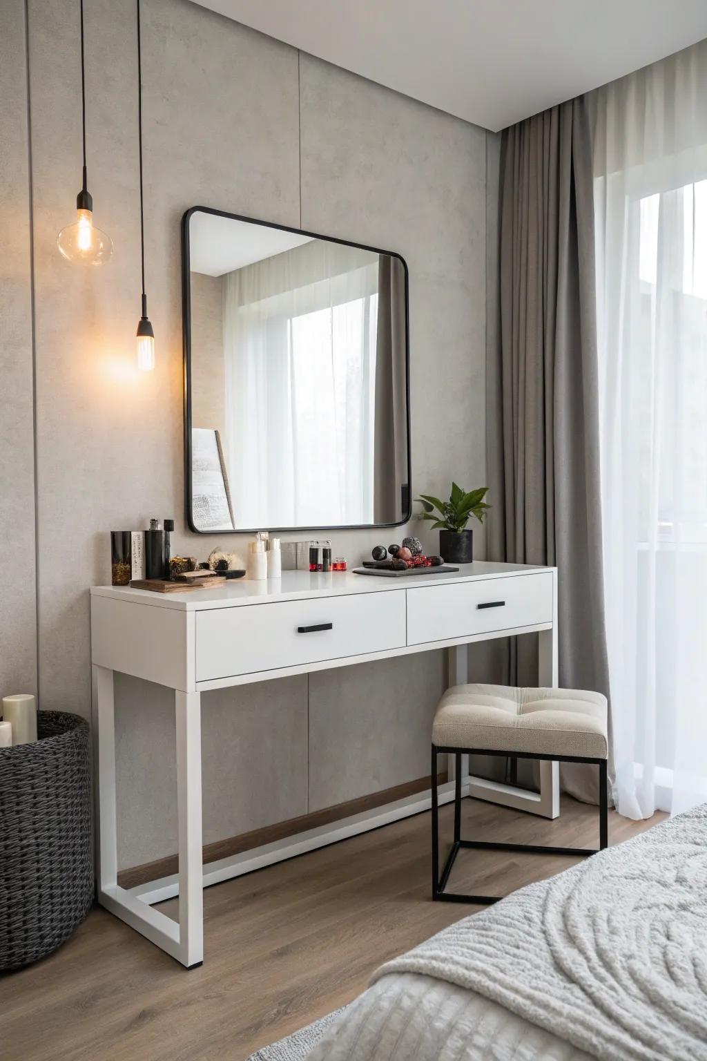 A simple makeup desk for a sleek and composed bedroom.