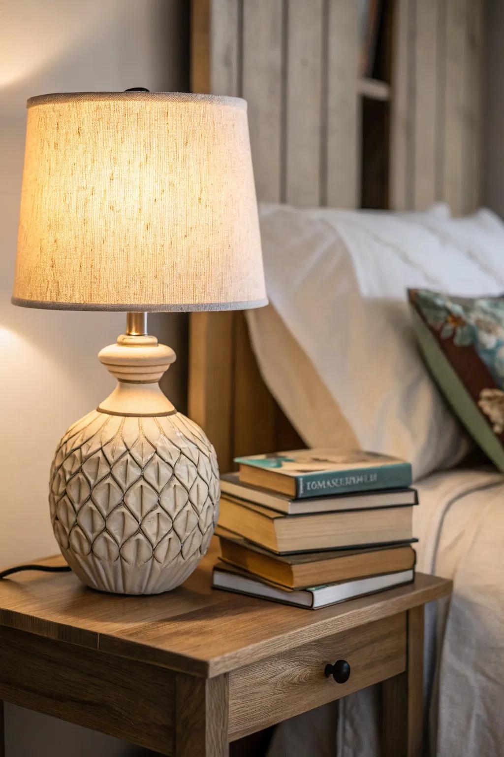 A distinctive lamp design gives the bedside character.