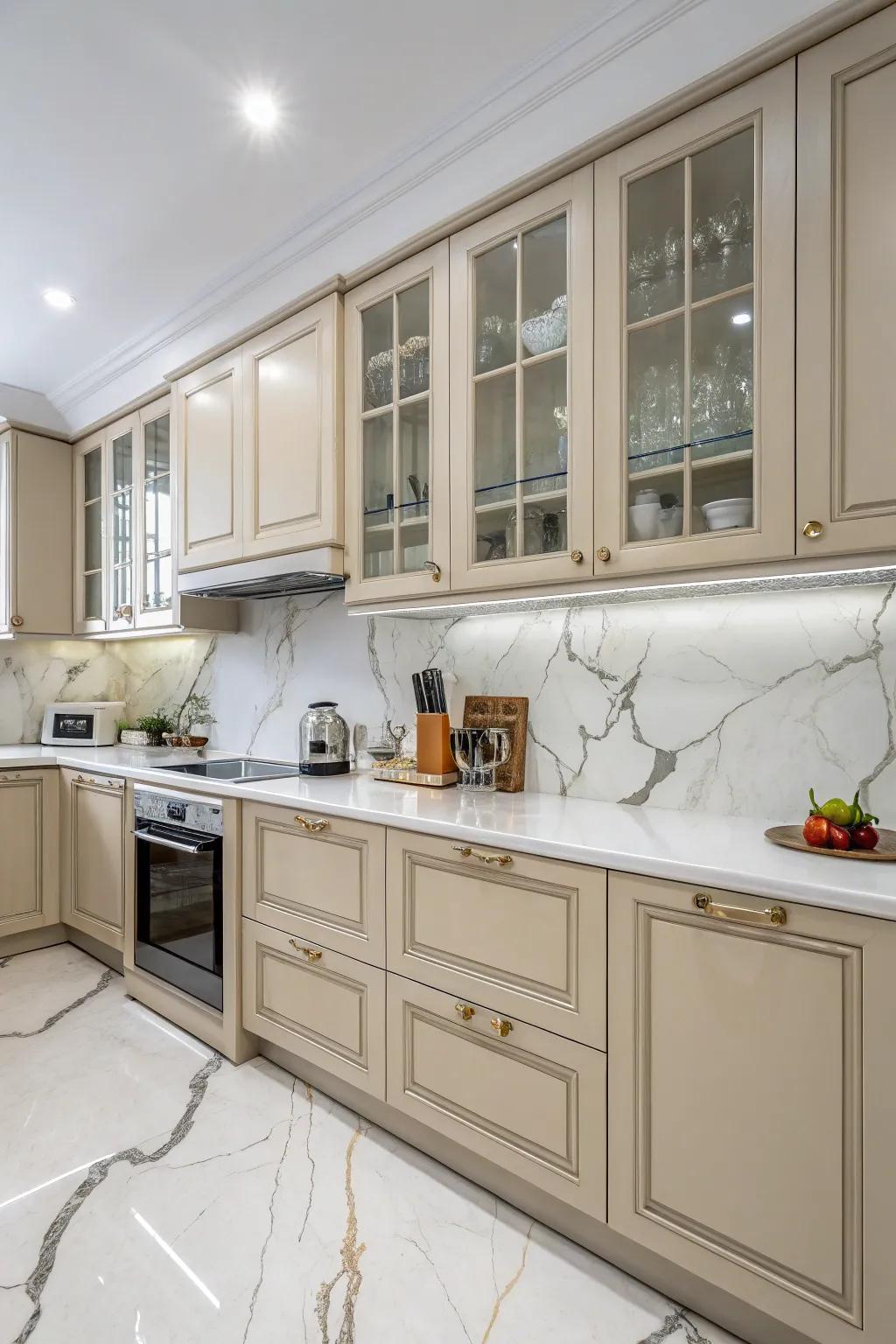 Stone worktops infuse elegance and texture into linen cabinets.