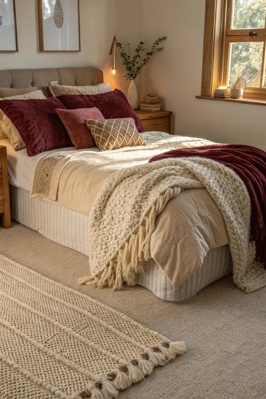 A comforting bedroom where textures flourish against the subtle backdrop of a beige carpet.