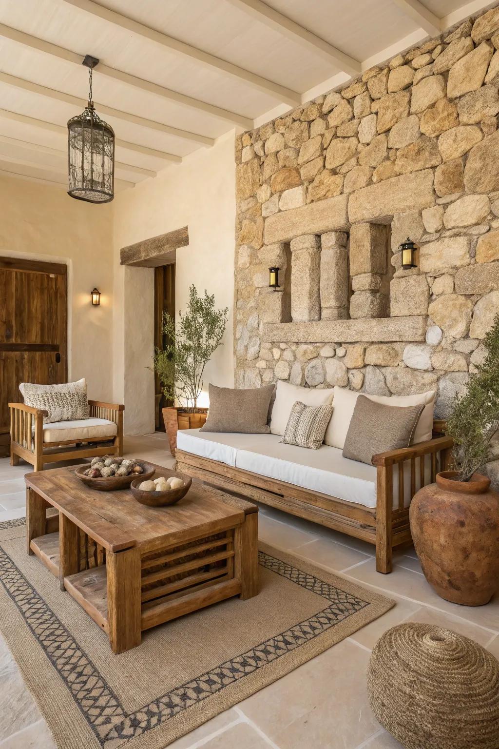 The incorporation of wood and stone enhances the sophisticated charm of this beige-themed room.