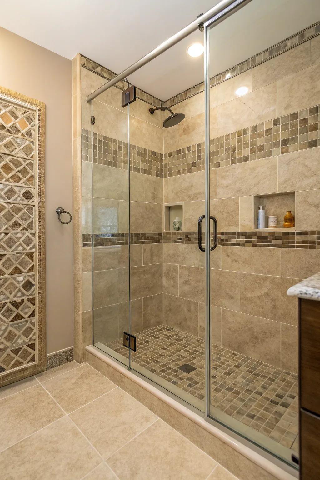 Texture mixing adds depth and fascination to your shower sanctuary.