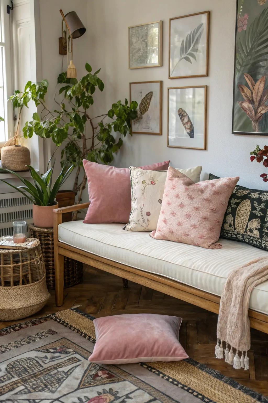 Blending fabrics such as linen and velvet results in a visually captivating cushion ensemble.