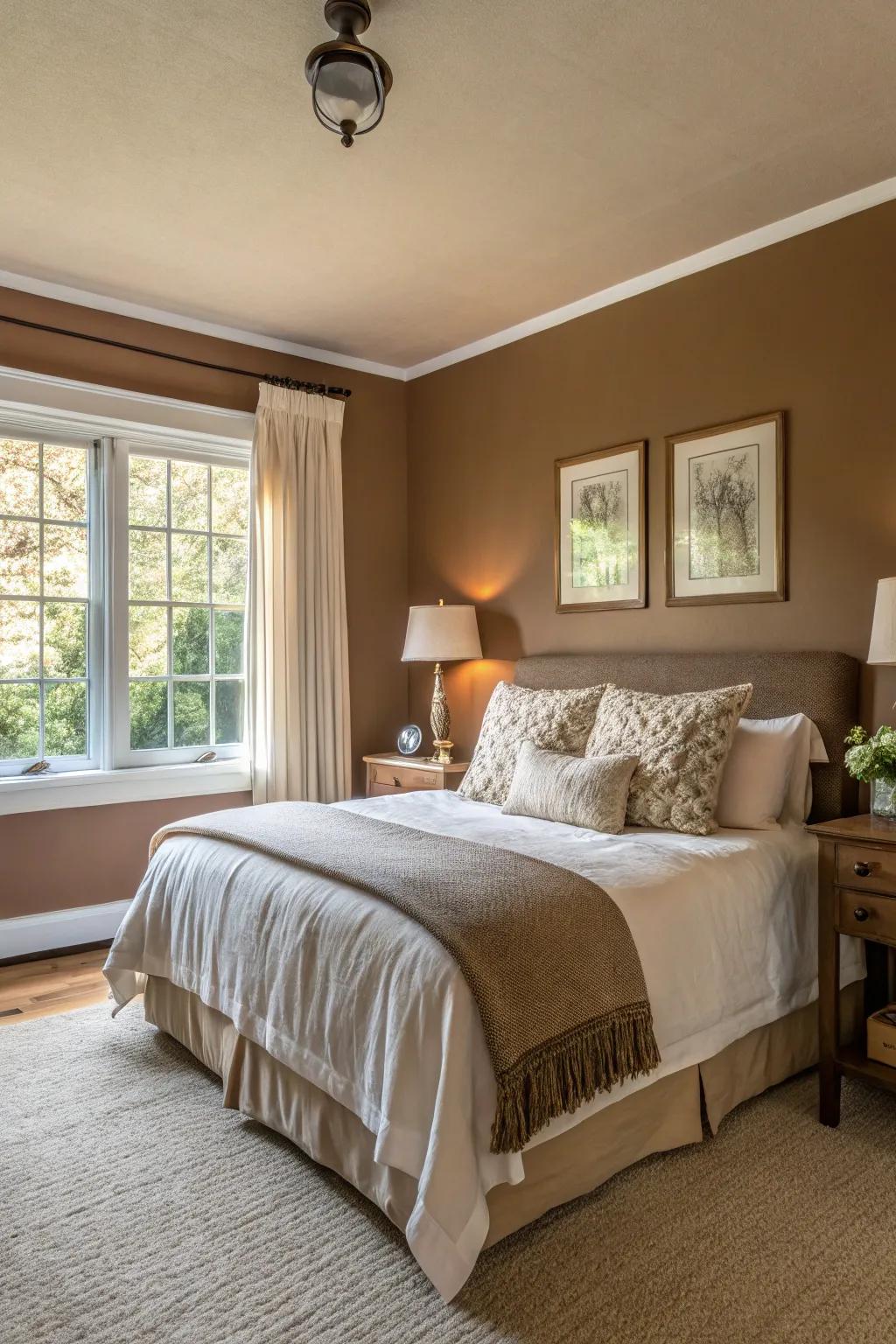 A bedroom converted into a tranquil getaway using delicate brown shades.