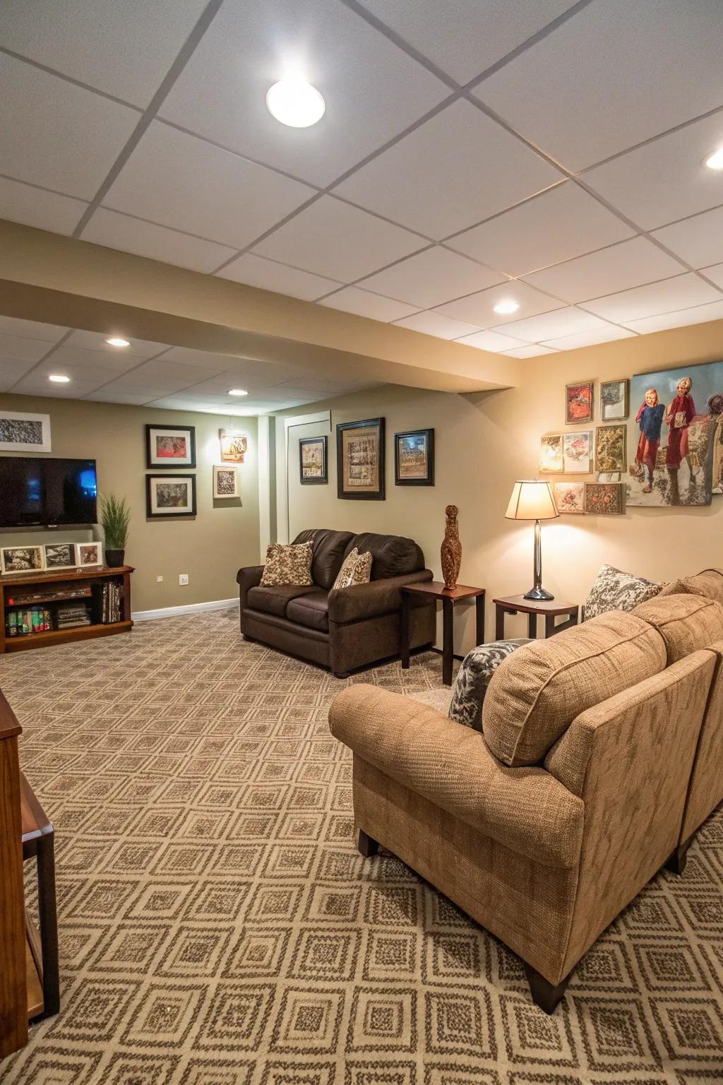 Carpet squares introduce warmth and comfort to any basement setting.