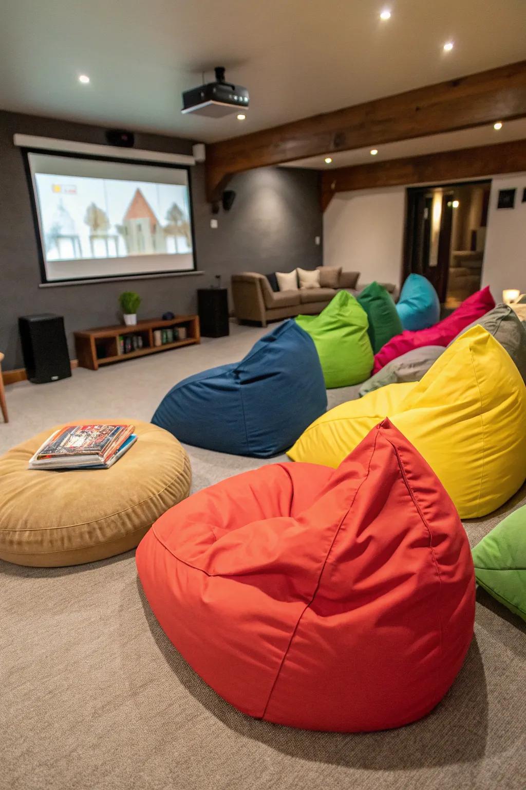 A relaxed home theater featuring lively bean bags for adaptable seating arrangements.