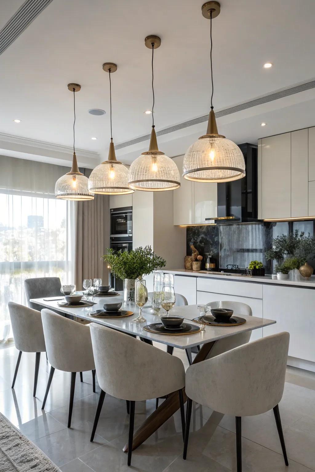Hanging illumination provides a flexible touch to any dining space.