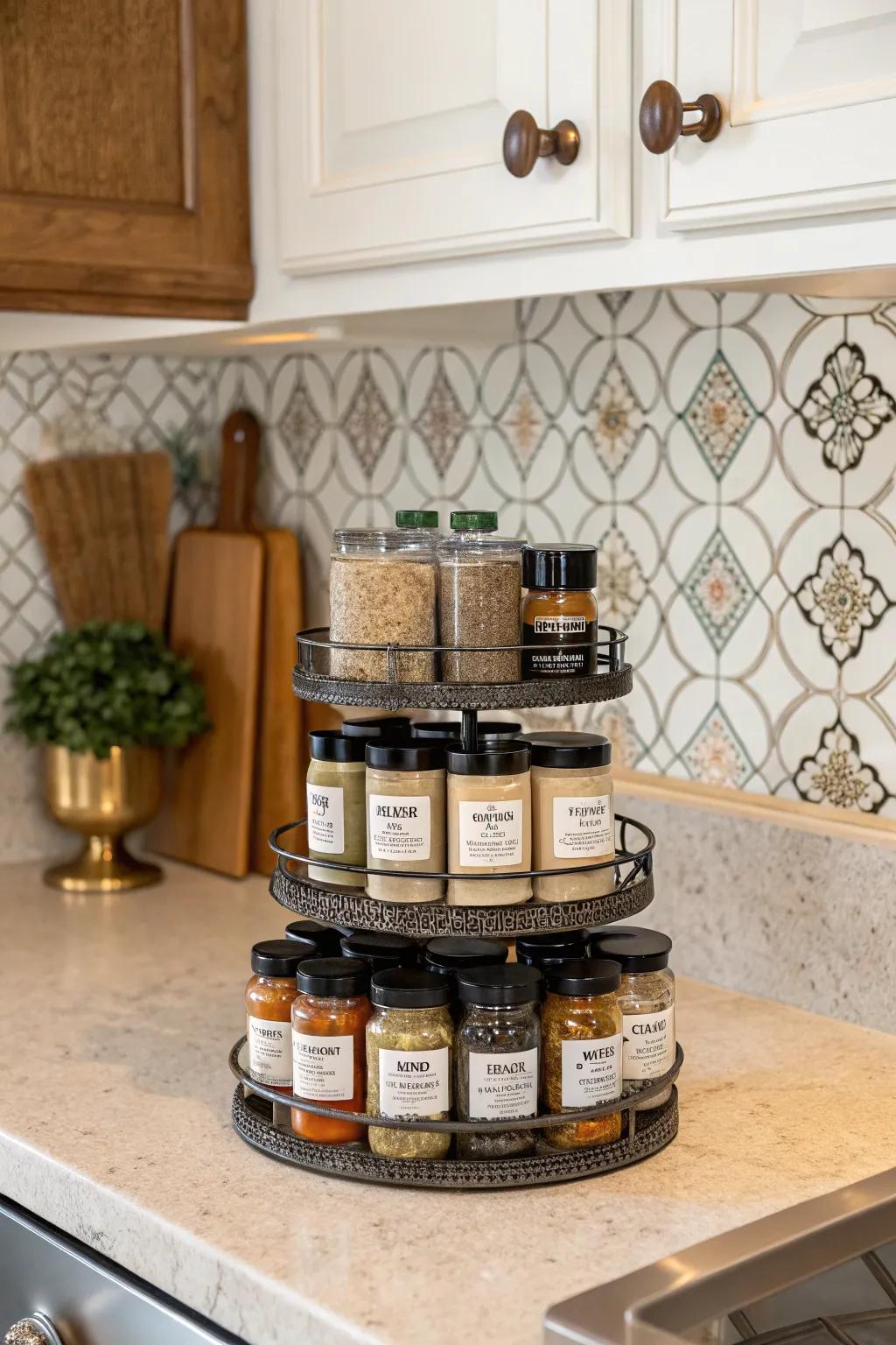 Elegant and well-organized countertop with tiered racks.