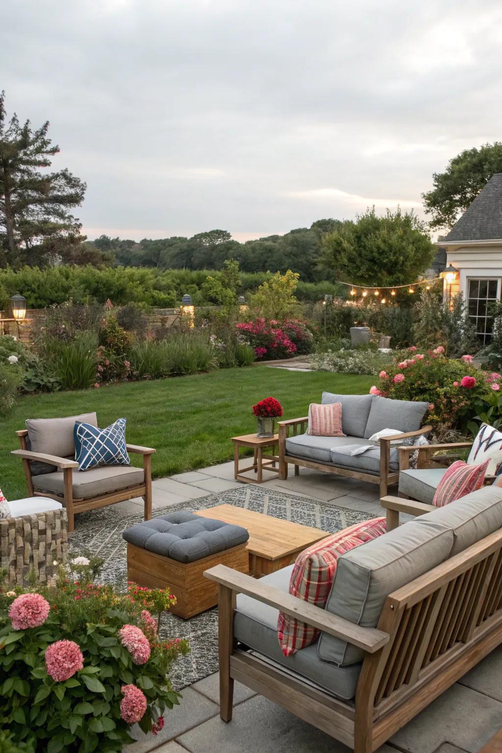 Adaptable seating options provide comfort for both intimate conversations and larger social events.