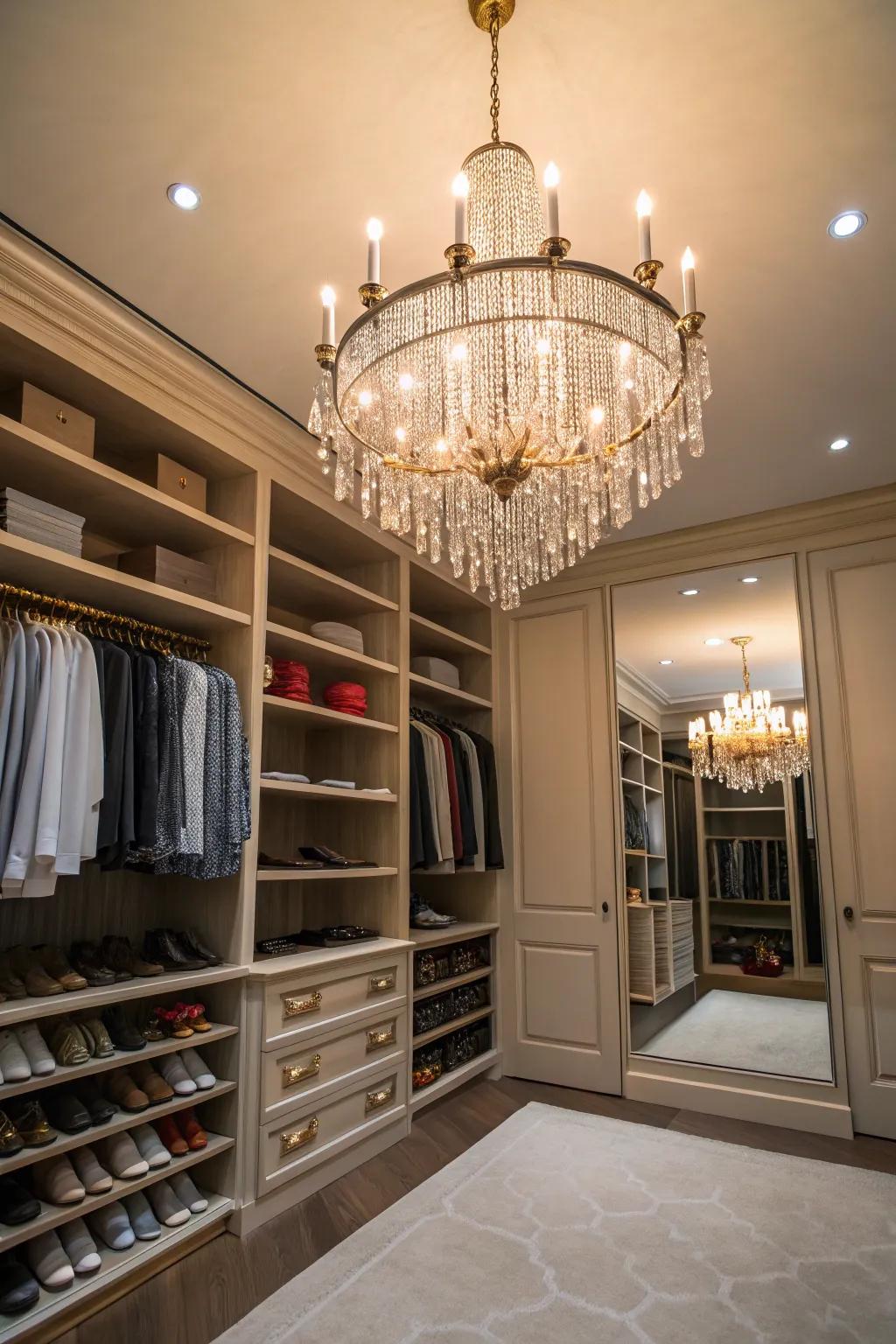A walk-in closet enhanced with a gleaming chandelier hanging from the ceiling.