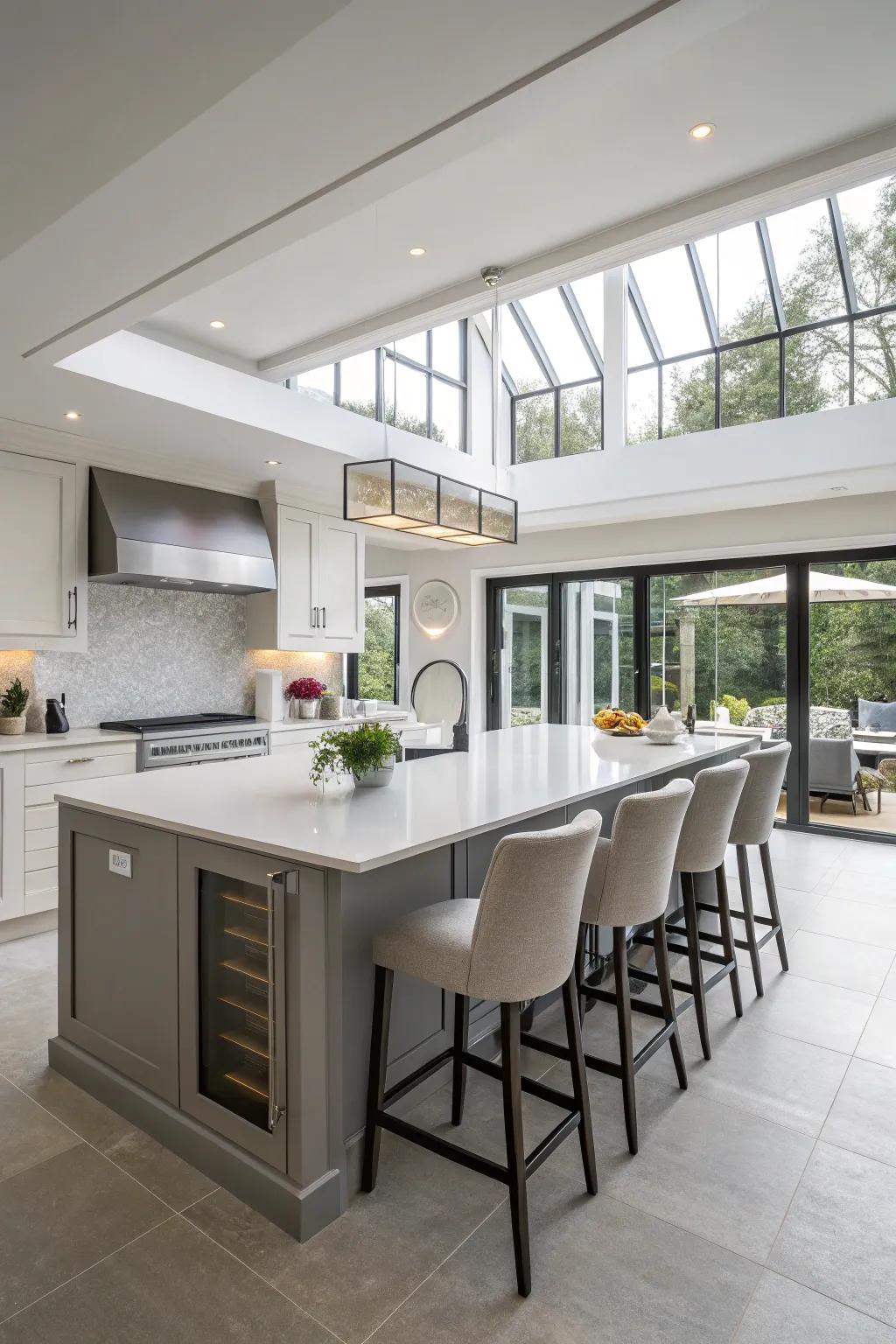 A grand kitchen island acts as both a practical workspace and social hub.
