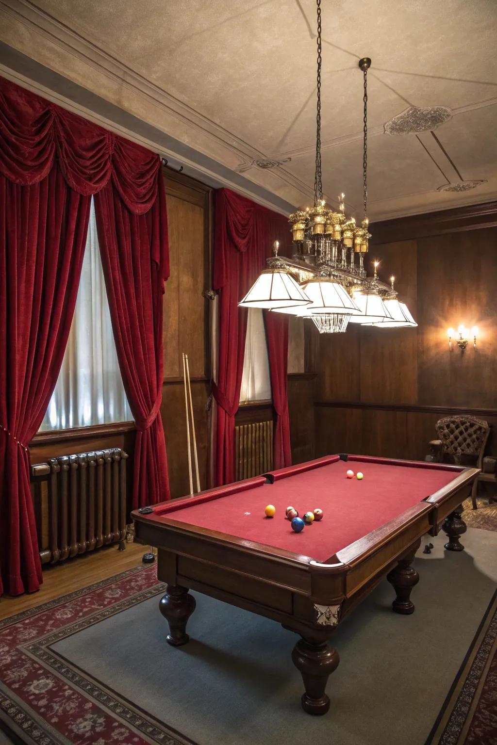 Elegant hanging lights enhancing the ambiance of a billiard room.